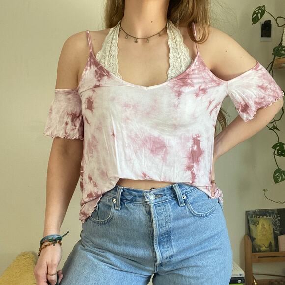 American Eagle Pink Tie Dye Cold Shoulder Top L - Picture 2 of 8